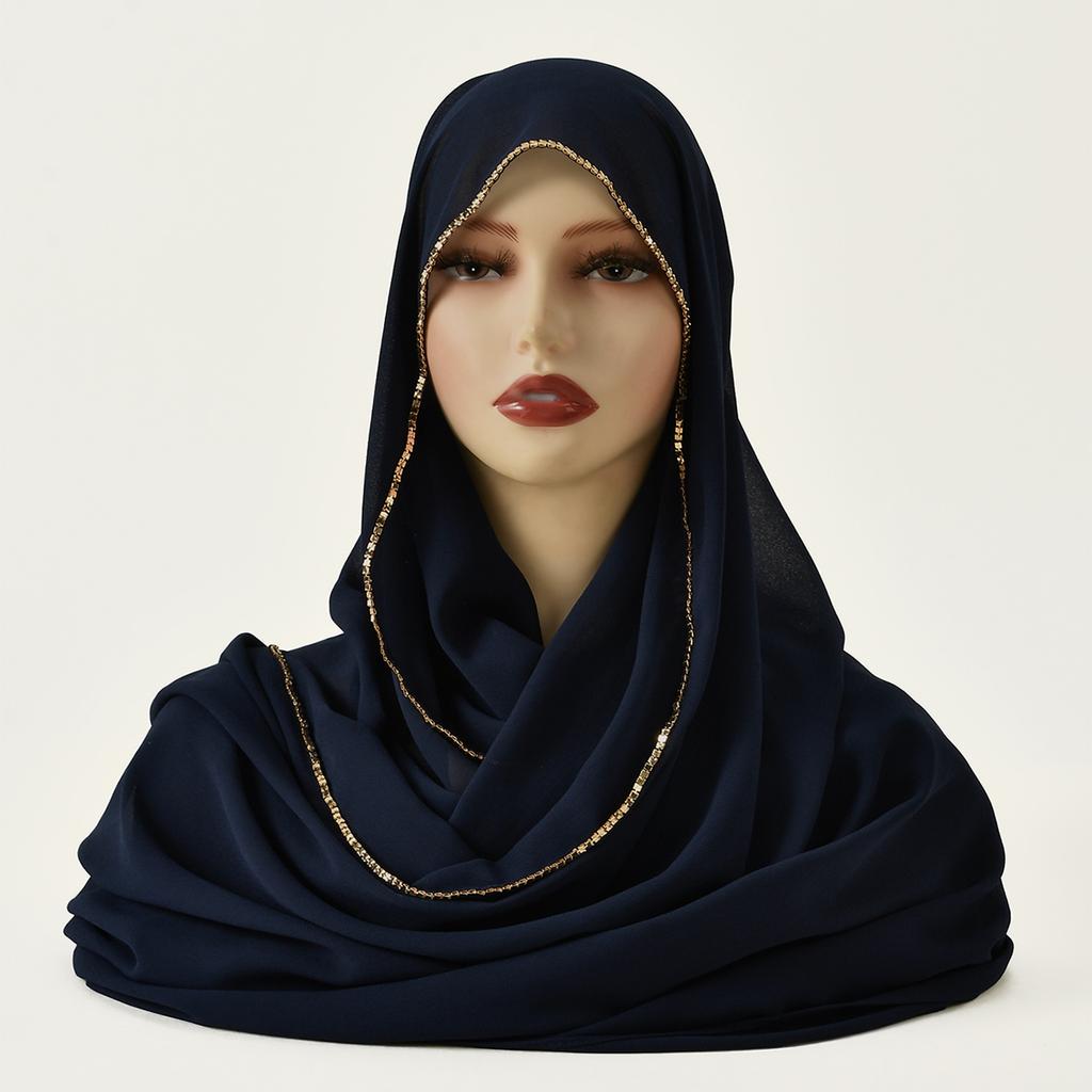 Muslim Chiffon Hijab Women Glitter Chain Edge Premium Chiffon Scarf Solid Color Plain Shawl Unique Edge Design Headscarf Wraps