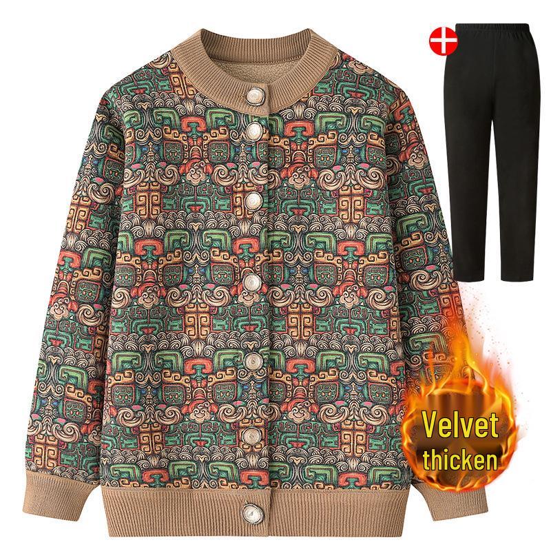 Women's Fleece-Lined Knitted Cardigan - Warm Autumn Winter Jacket for Elderly Ladies