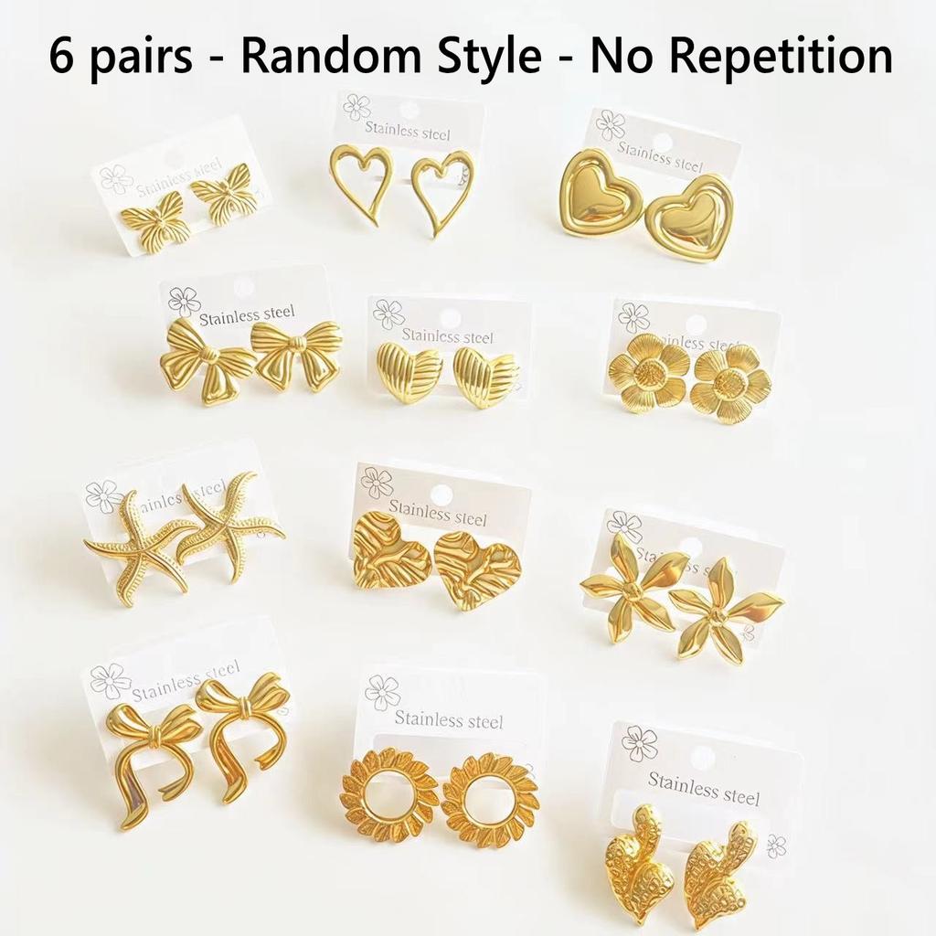 2-8 Pairs 18k Gold Plated Stainless Steel Love Statement Heart Bow Flower Water Droplets Shaped Classic Multi-Style Stud Earring