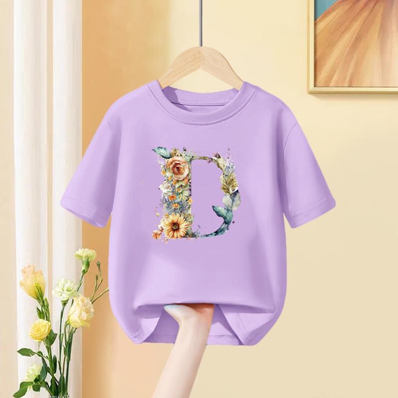 Mädchen T-Shirt 26 Englische Buchstaben A B C D Kindermode Blume T-Shirt Kinder Benutzerdefinierter Name Buchstabe Sommer Lila Kleidung