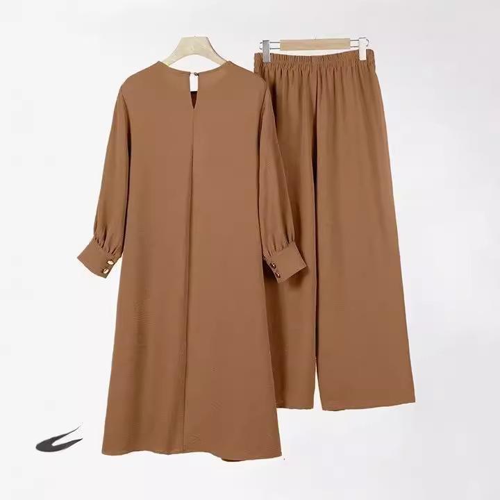 Women's Plus Size Two Piece Elegant Solid Color Side Slit Long Shirt Wide Leg Pant Suit
