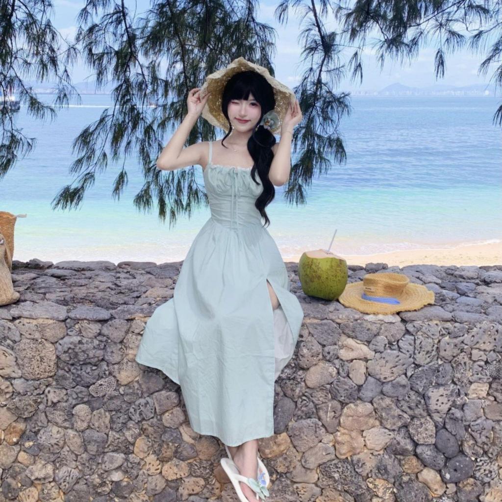 Backless vacation fairy suspender dress female spring new waist A word mint mambo skirt ins