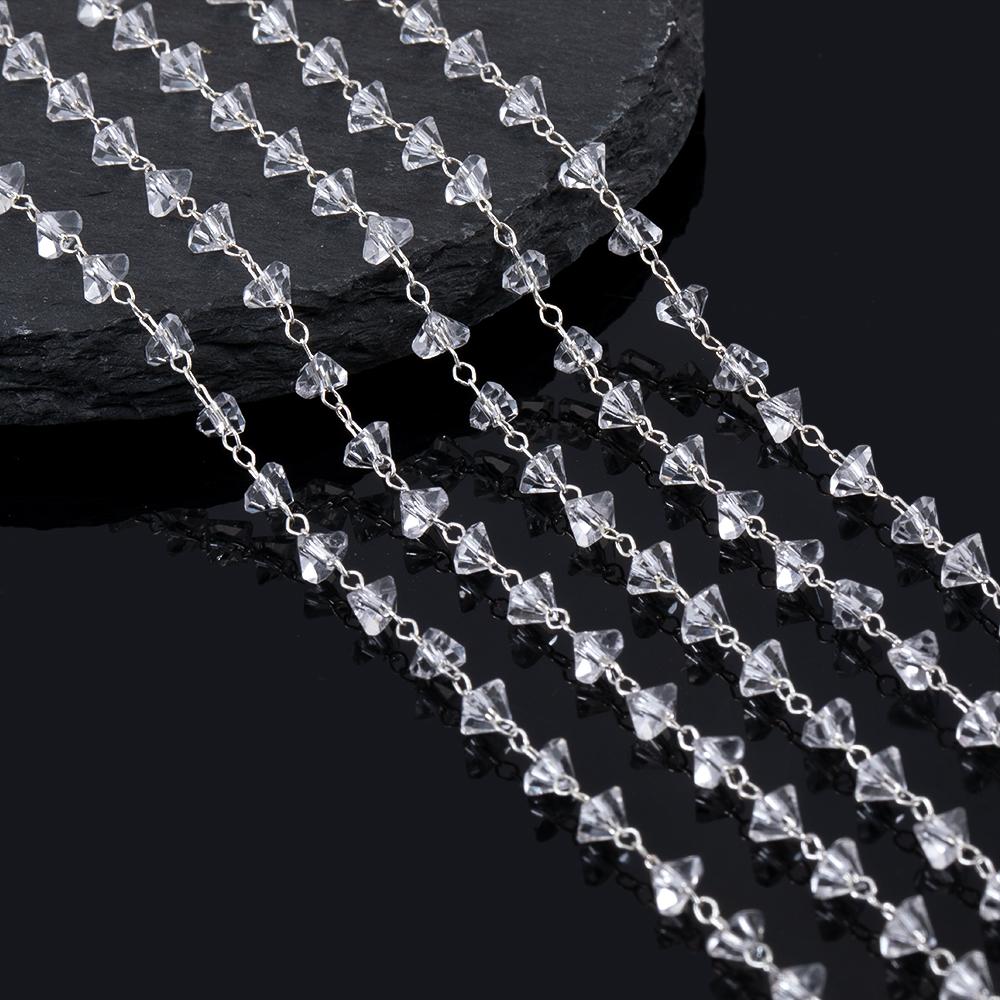 1M Silver Color Copper Chain Transparent Grave Crystal Triangle Stone Beads Chain DIY Necklace Bracelet Jewelry Making Material
