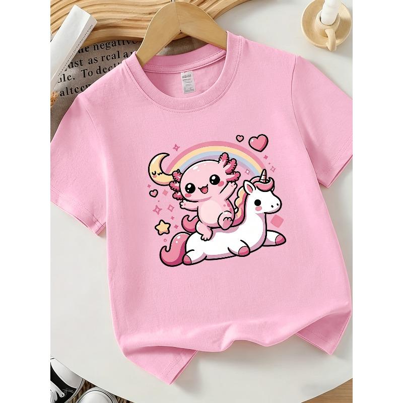 European sizes Cute and Versatile Teen T-Shirt, Adorable Axolotl Print Pattern, Comfortable Unisex Style for Boys and Girls, Casual Versatile Top