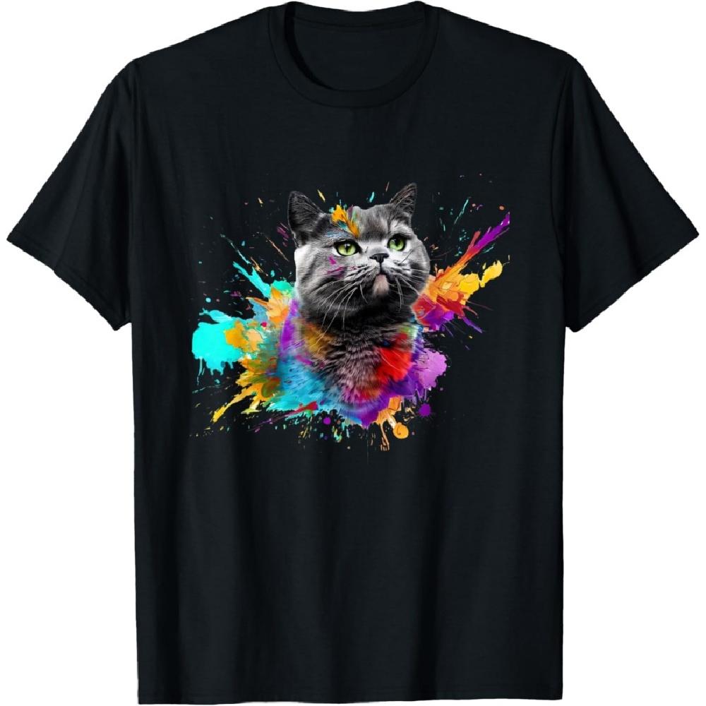 

British Shorthair Colorful Paint Splashes Abstract Art Cat T-Shirt XXXXXL чёрный
