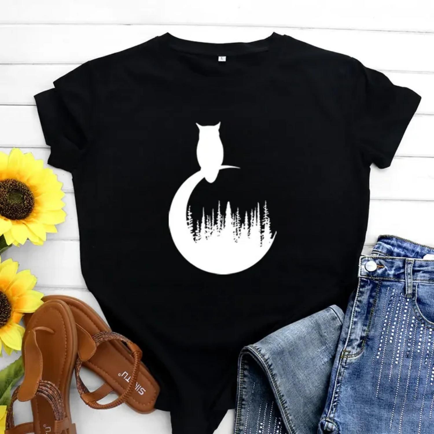 

Summer Casual Large Size Owl Short Sleeve T-Shirt Women s Top Cross-Border Sale Comfortable Crew Neck Elastic Fiber Shirt S чёрный