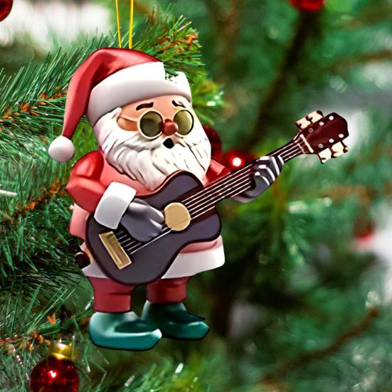 Santa Claus Christmas Ornament Cute Santa Plays Guitar/Sax/Trumpet Musical Instrument Acrylic Ornament for Christmas Tree Home Party Decor