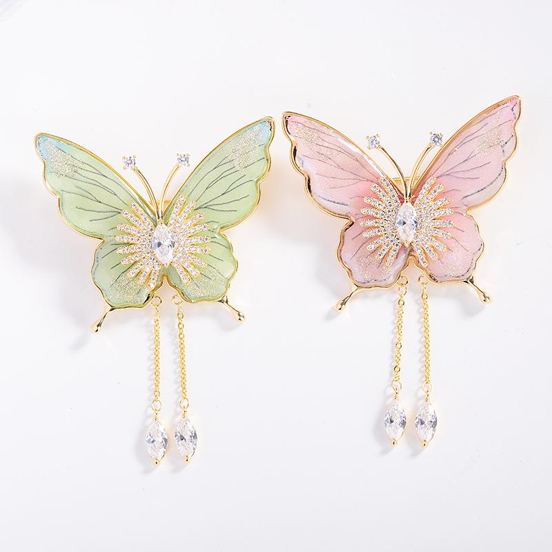 Ladies' Light Luxury Design Water Droplet Fringe Butterfly Brooch Fashionable Micro Inlaid Zircon Multifunctional Brooch