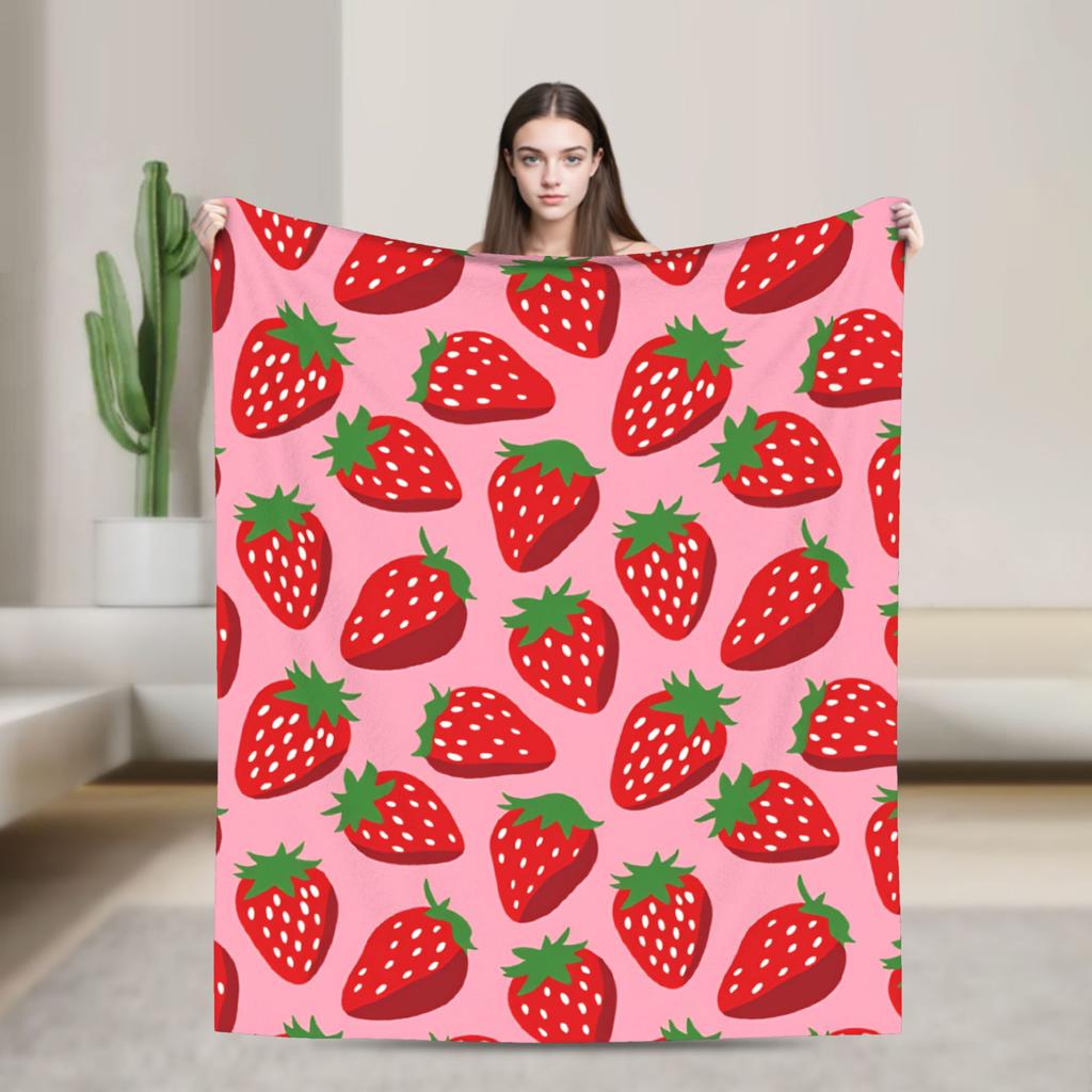 Pink Strawberry Print Flannel Blanket  Warm Soft Throw Blanket for Bedroom Camping Street Trend Bedspread Sofa Bed Cover