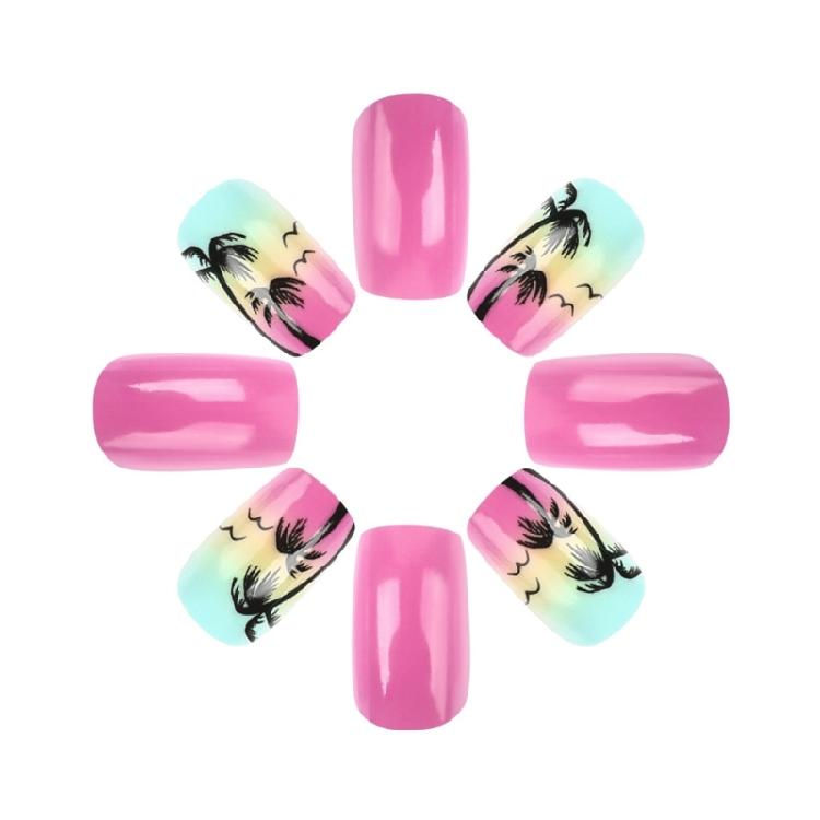 24 Pcs Coconut Tree Stick on Nail Gradient Artificial Nail Short Square False Nail Glossy Press On Nail for Woman Girls