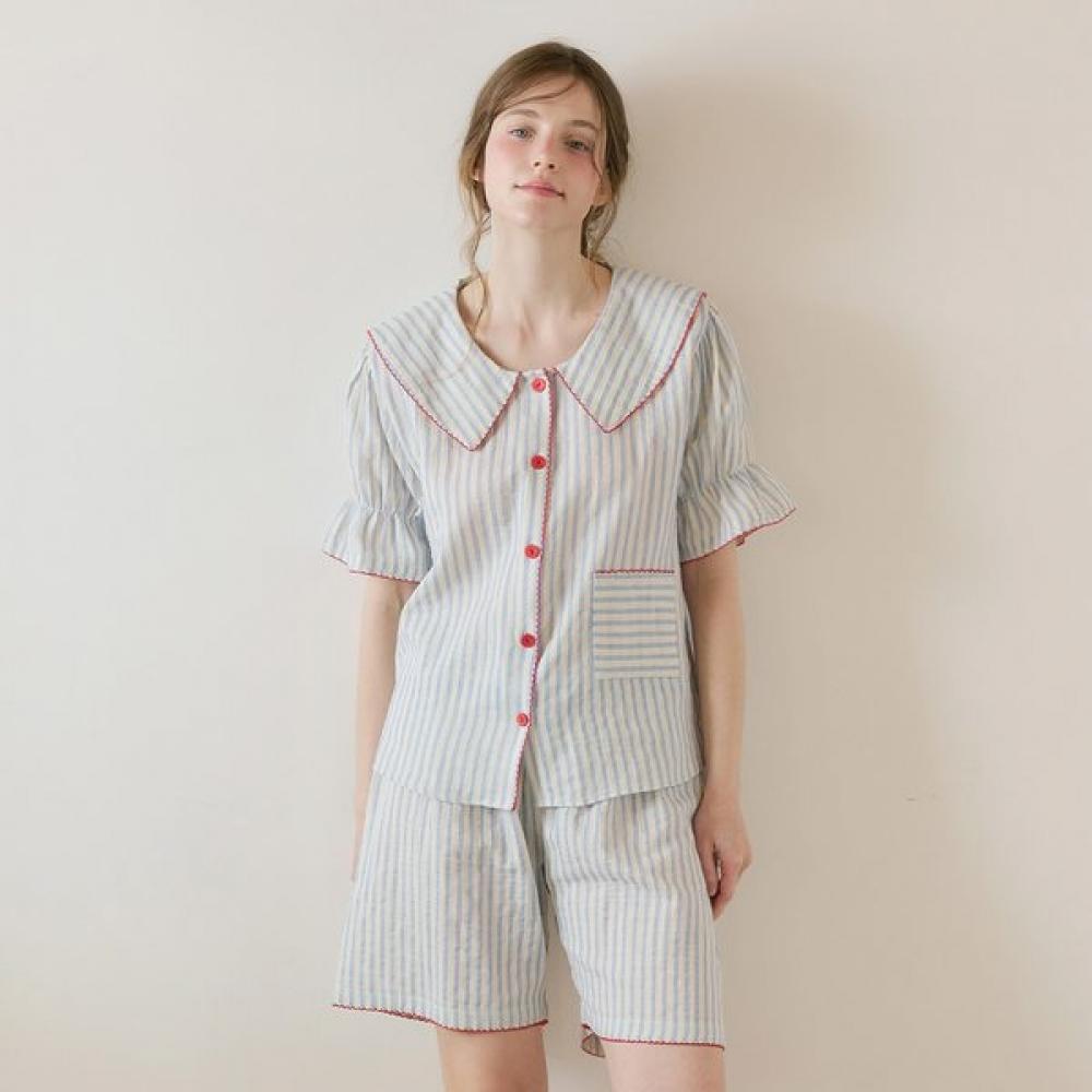 Lunaluz Women Cotton Short Sleeve Sailor Collar Two Piece Pajamas