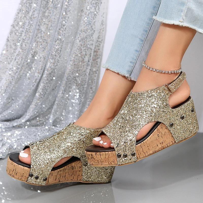 New Summer Sequin Flat-soled Heel Thick-soled Sandals Fashionable Sexy Women's Shoes Women's Sandals Fish Mouth Sandals