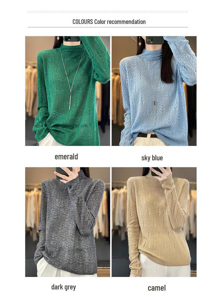 2025 Spring Worsted Wool Knit Sweater: Half-High Neck, Long Sleeve, Floral Hollow Design Pullover