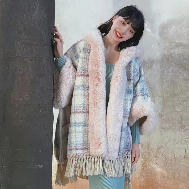 Large Size Rabbit Fur Collar Hooded Fleece Thickened Plaid Cape Shawl Medium And Long Granular Fleece Coat 1185 #