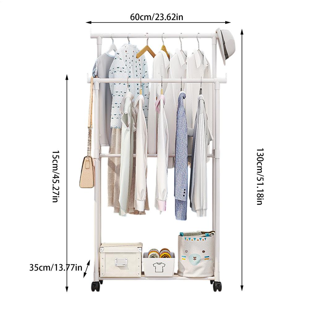 Double-Rod Clothes Rack Clothes Rack With Hooks Hanging Clothe Organizer For Bedroom Movable Bedroom Clothing Hanger With Wheels