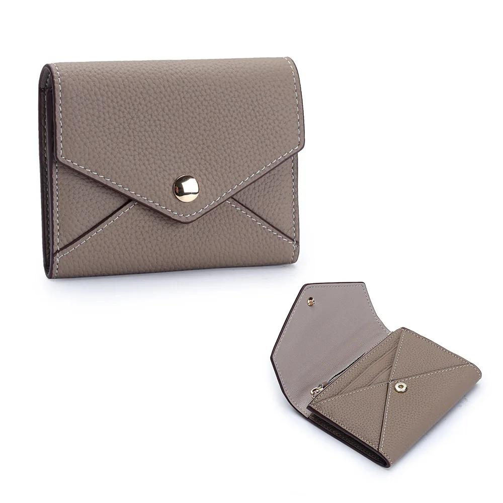 Short Envelope Wallets Genuine Leather Small Wallet for Women Credit Card Holder Compact Leather Hasp Purses with Zipper Pocket