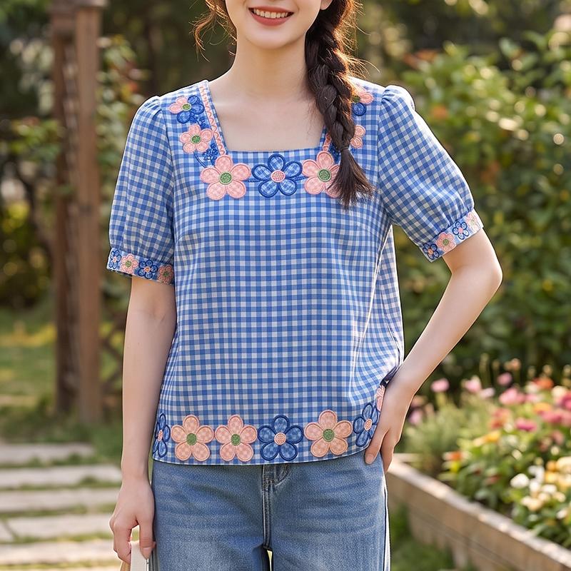 ZANZEA Women Casual Square Collar Loose Summer Short Sleeve Plaid Print Blouse