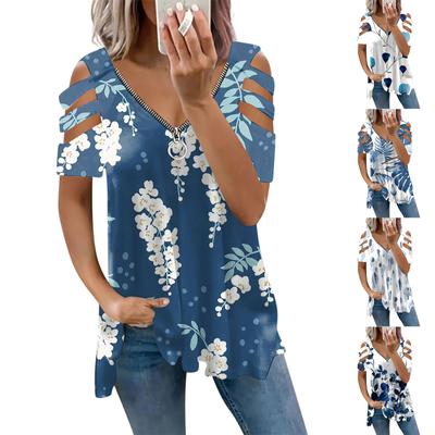 Dámská móda Ležérní Tričko s krátkým rukávem a výstřihem do V s potiskem