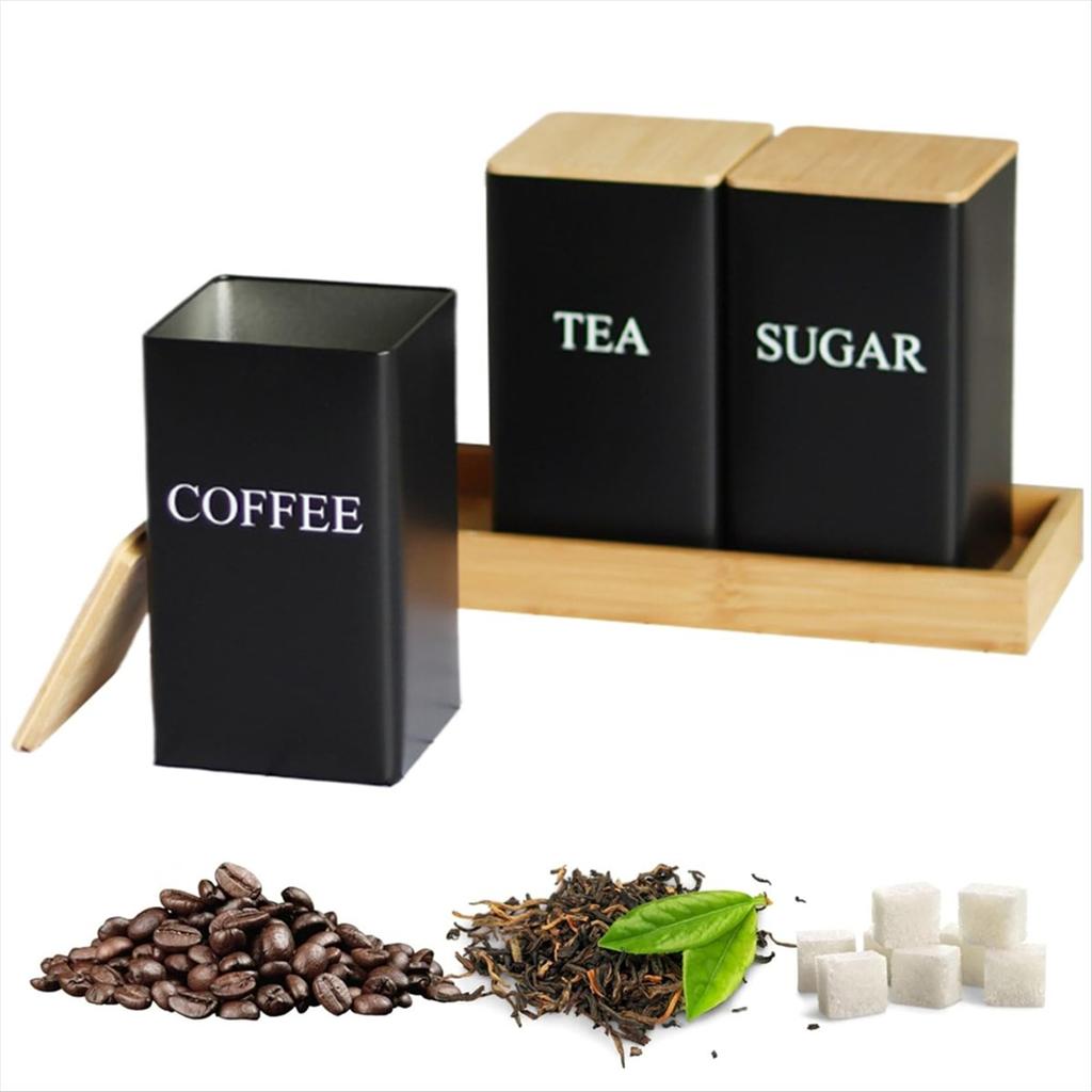 BHBL 3PCS Set Tea Coffee Sugar Canister Set with Tray Iron Tea and Coffee Jars with Bamboo Lid Coffee Sugar Tea Containers A
