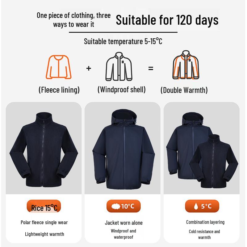 

Водонепроницаемая ветровка три в одном: Съемная, Ветрозащитная, Теплая Рабочая одежда для Альпинизма на открытом воздухе Осень/Зима и Поездок на работу 4XL