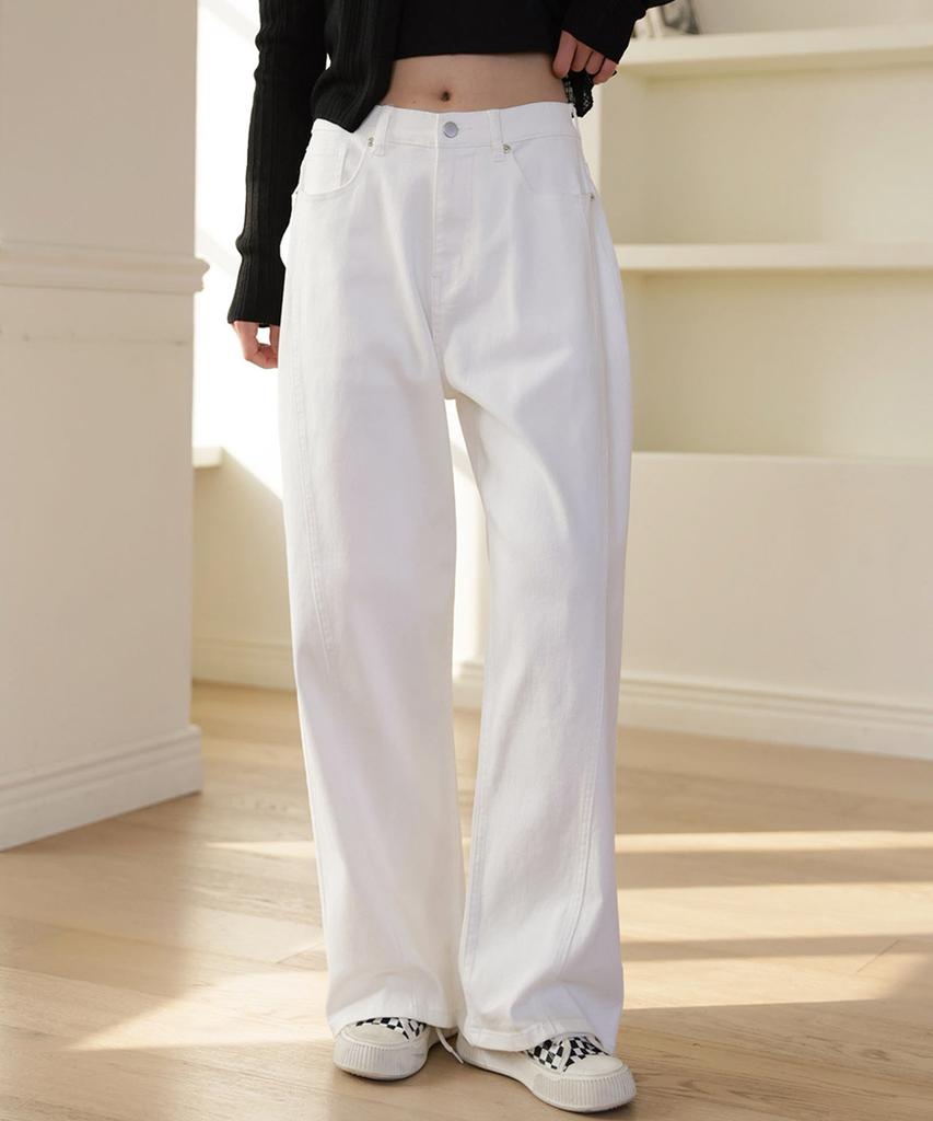 Jikeulib White Curved Cut-Line Wide Cotton Pants