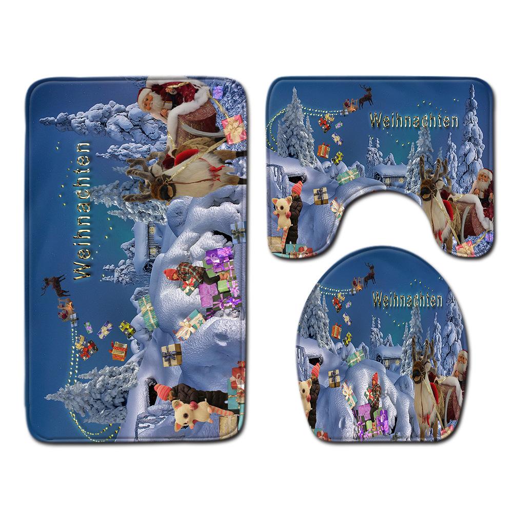 Christmas Shower Curtain Floor Mat Combination Four-Piece Set Bathroom Toilet Carpet Shower Room Mat Foot Mat