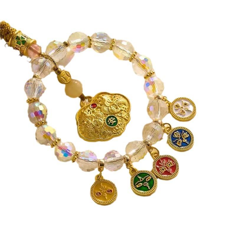 Car Pendant, Five-Way God of Wealth Double Dragon Abacus, Crystal Car Hanging Ornament for Wealth and Protection