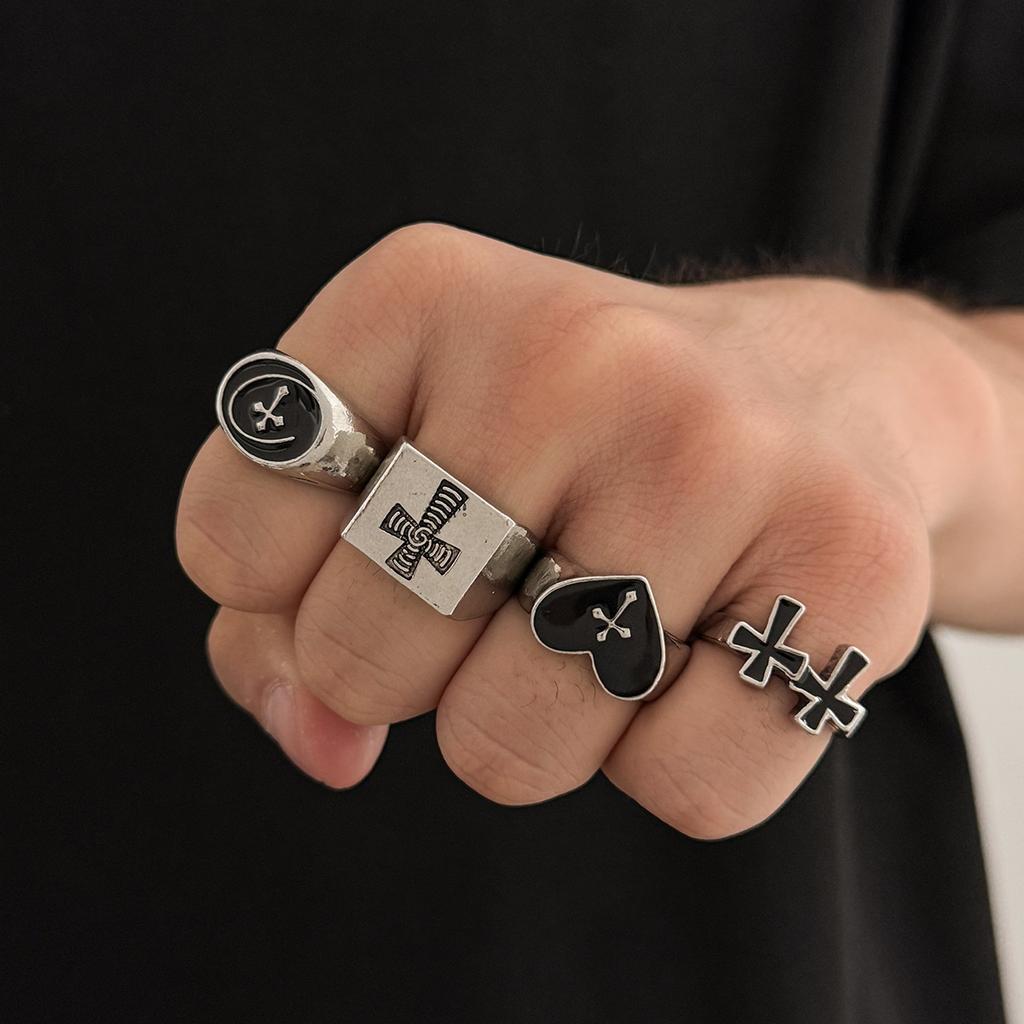 European and American Retro Ring Hip-hop Niche Personality High-end Open Ring Men's 4-piece Cross Bracelet