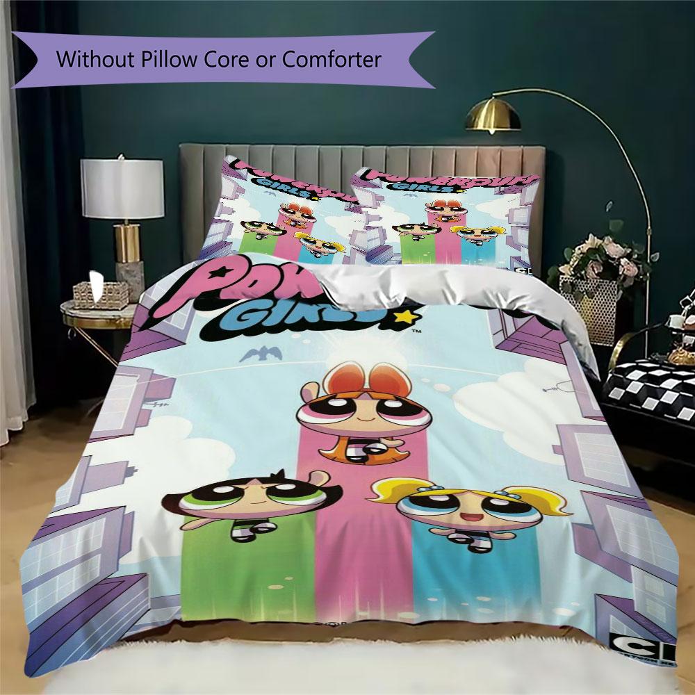 Cartoon Powerpuff Girls print children's duvet cover set, soft and skin-friendly, available in multiple sizes, bedroom bedding.