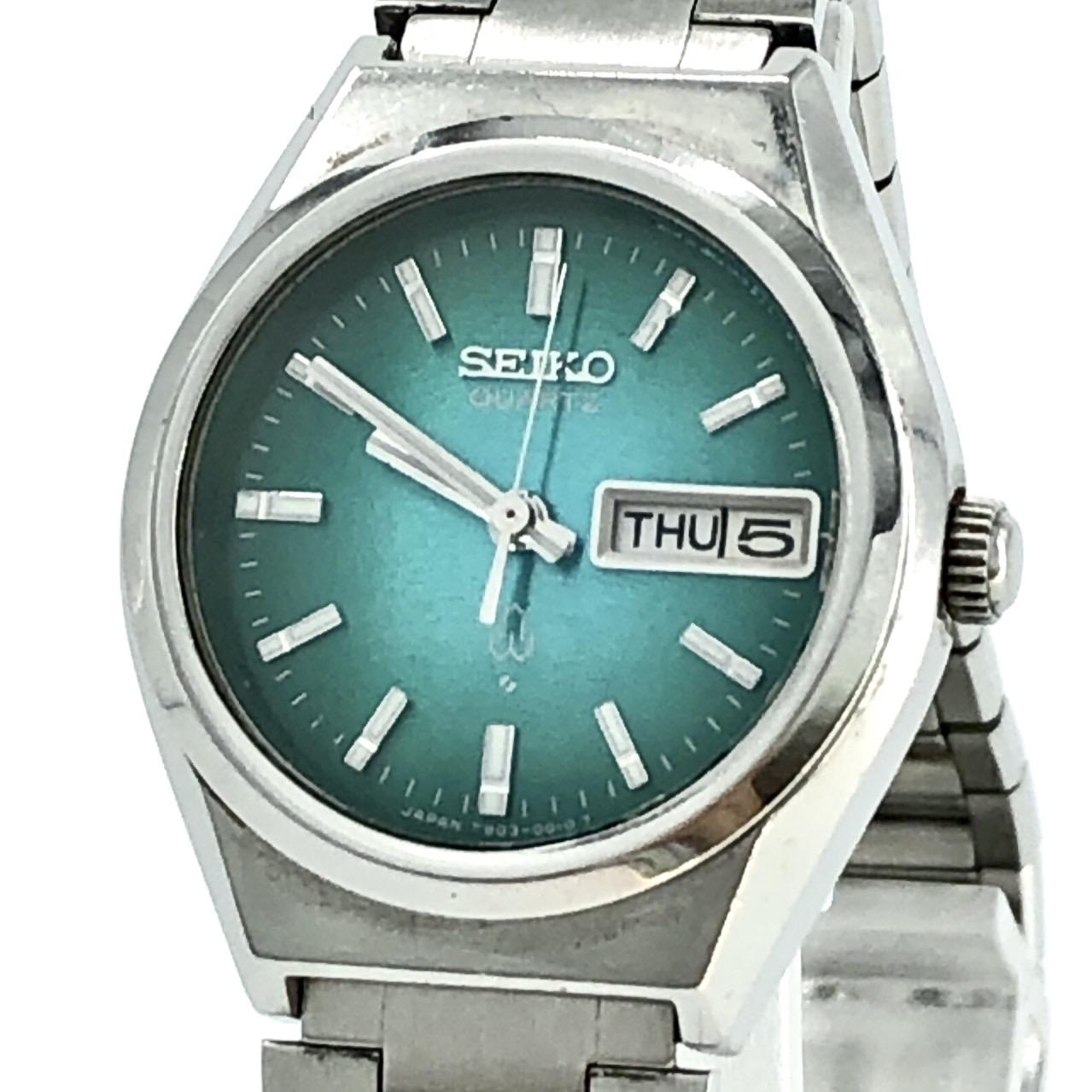 Хорошо работают SEIKO JOYFUL 7903-0010 Кварцевые QZ На батарейках Ок. 1977 г. Металлический зеленый циферблат День-Дата Нержавеющая сталь Женские часы ВОДОСТОЙКИЕ-G 3 стрелки