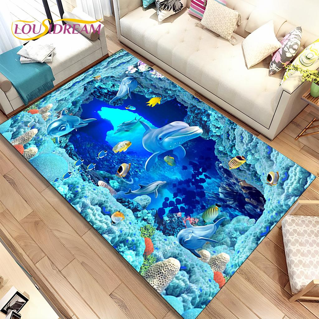 3D-Illusion, Meeresboden, Unterwasserwelt, Delfin, Hai, Teppich, Teppich für Wohnzimmer, Schlafzimmer, Sofa, Fußmatte, rutschfeste Bodenmatte