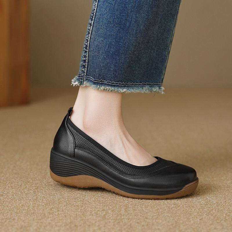 Vintage Light Luxury Thick-soled Loafers Women's Real Leather Round-toe Single Shoes Autumn Casual High-heeled Leather Shoes