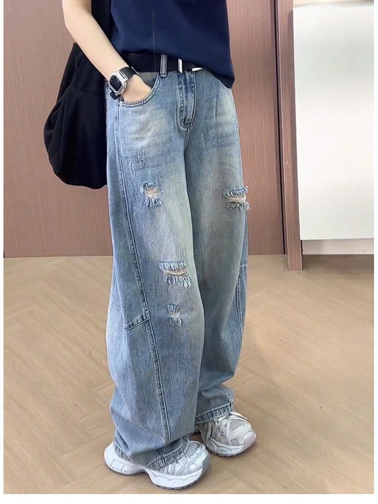 

Plus Size Women s Ripped Wide-Leg Jeans - 2025 Trendy Summer Loose Slimming Curved Long Pants 4XL синий