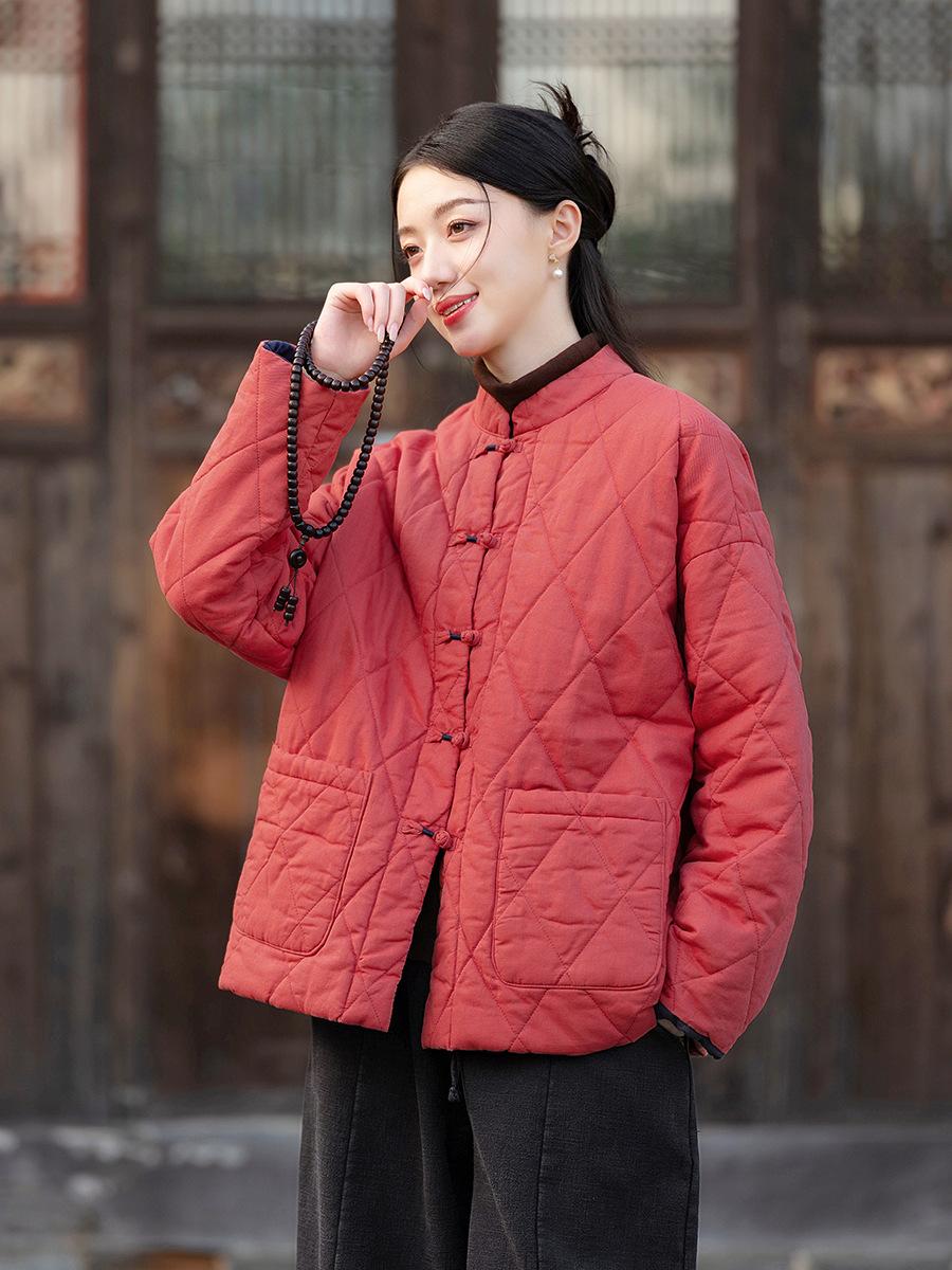 

Johnature Women Chinese Style Stand Long Sleeve Coats Winter Patchwork Pockets Coats One Size красный