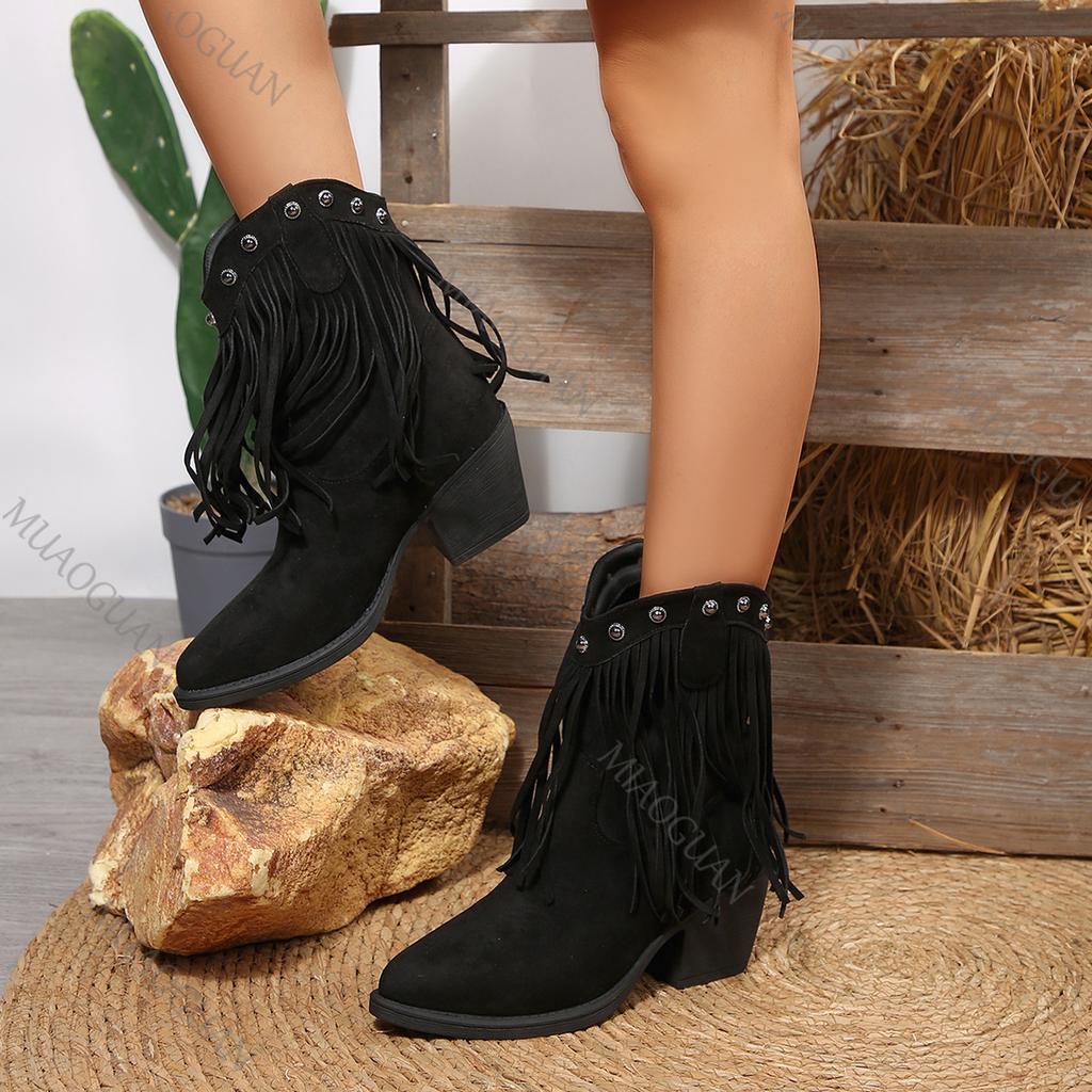 Fashion Fashion Tassel Suede Slip On Western Cowboy Boots Women 2025 Autumn Sexy Pointed Toe Medium Heel Riding Boots Bohemia Booties