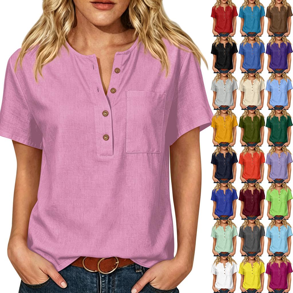 Women Henley Button Neck Short Sleeve Cotton Linen Shirt with Chest Pocket Relaxed Fit Casual Top for Everyday Wear