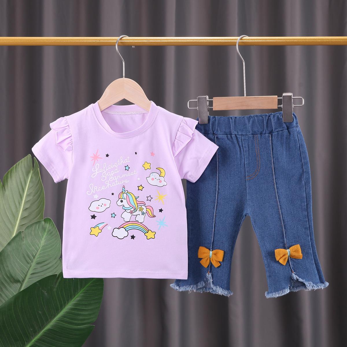 Girls Summer Unicorn Print T Shirt And Soft Denim Capri Pants Two Piece Outfit Set 80cm лавандовый