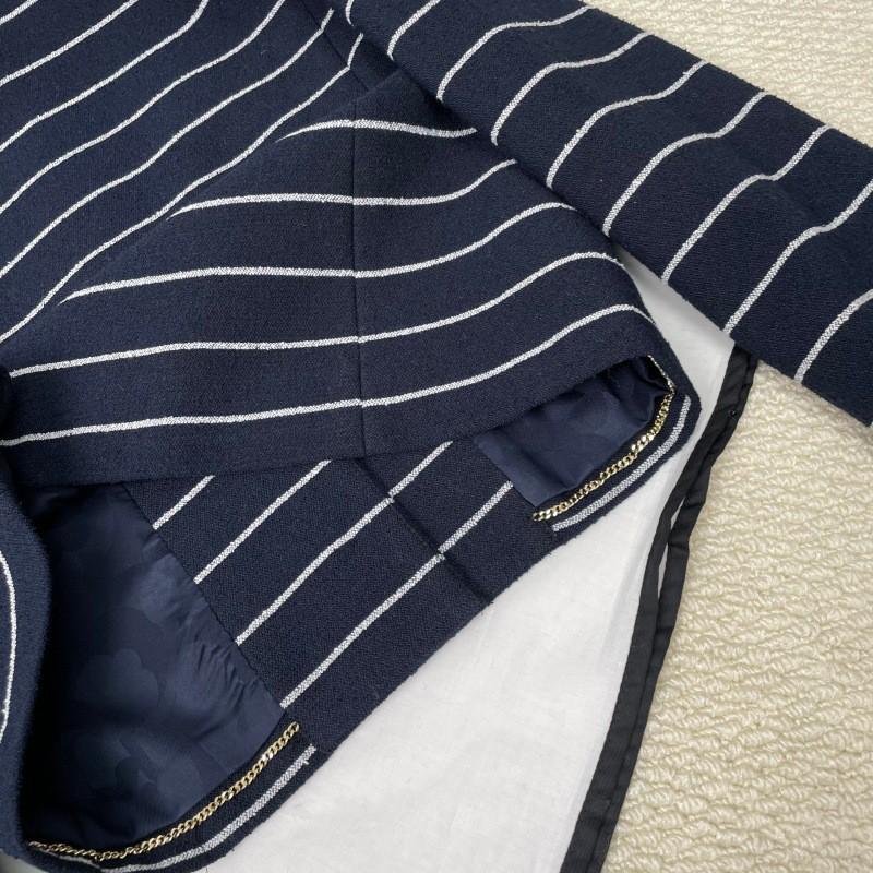 Womens 2026 Short Cropped Blazer With Silk Lining Navy Striped Wool Blend Notched Collar Single-Breasted Button Front