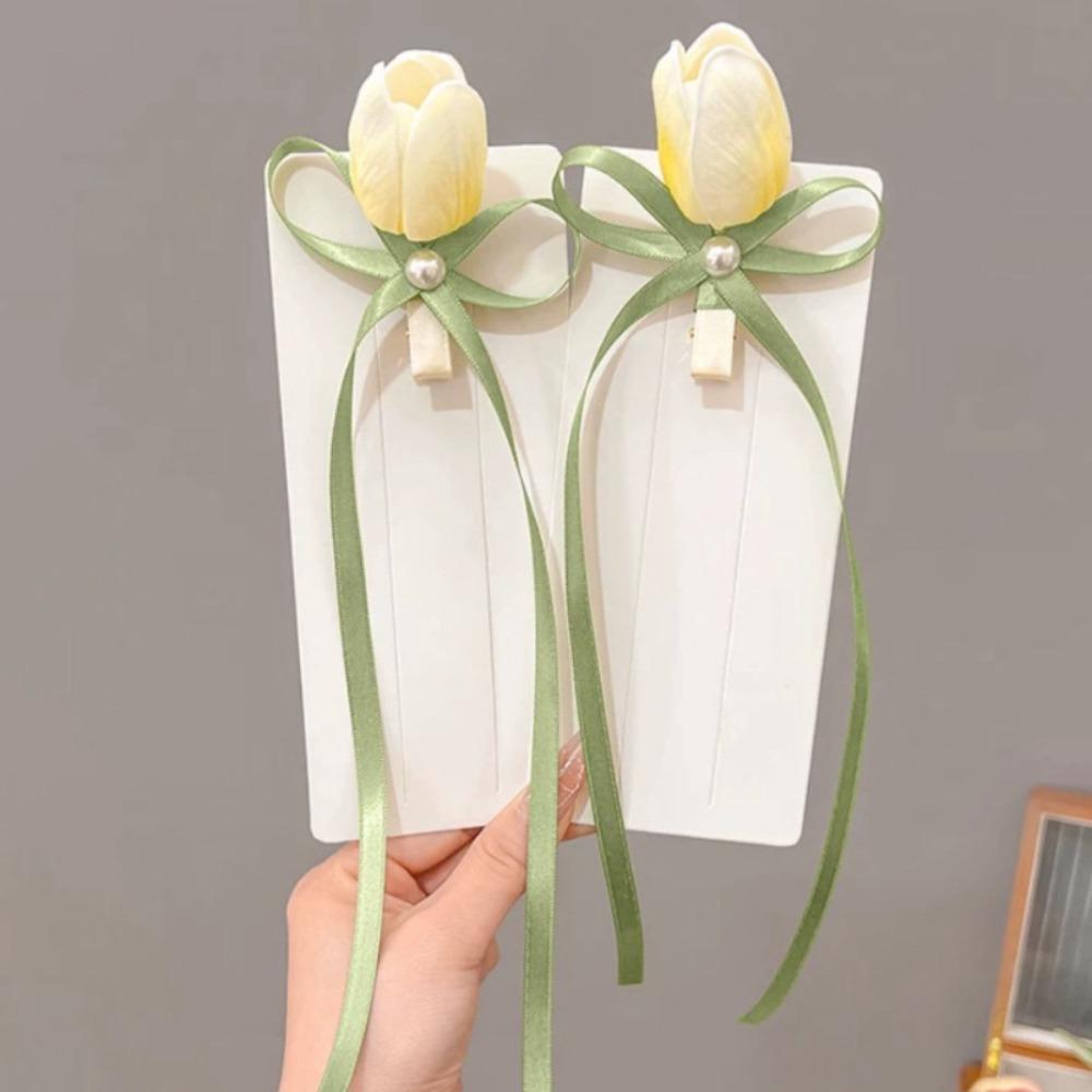 2pcs Sweet Sweet Tulip Tulip Hairpin Silk Flower Pearl Flower Hairpin Pearl Duckbill Clip Silk Ribbon Headwear Elegant Occasions