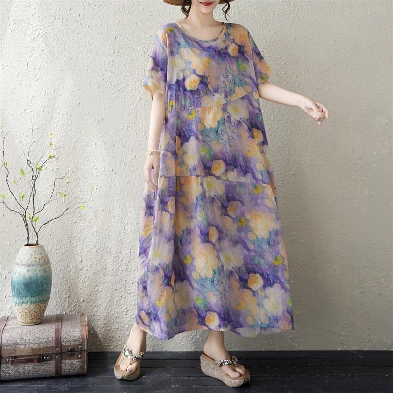 Kurzarm Plus-Size-Baumwolle im Vintage-Stil mit Blumenmuster, neu in Kleidern für Damen, lässiges, lockeres, langes Sommerkleid