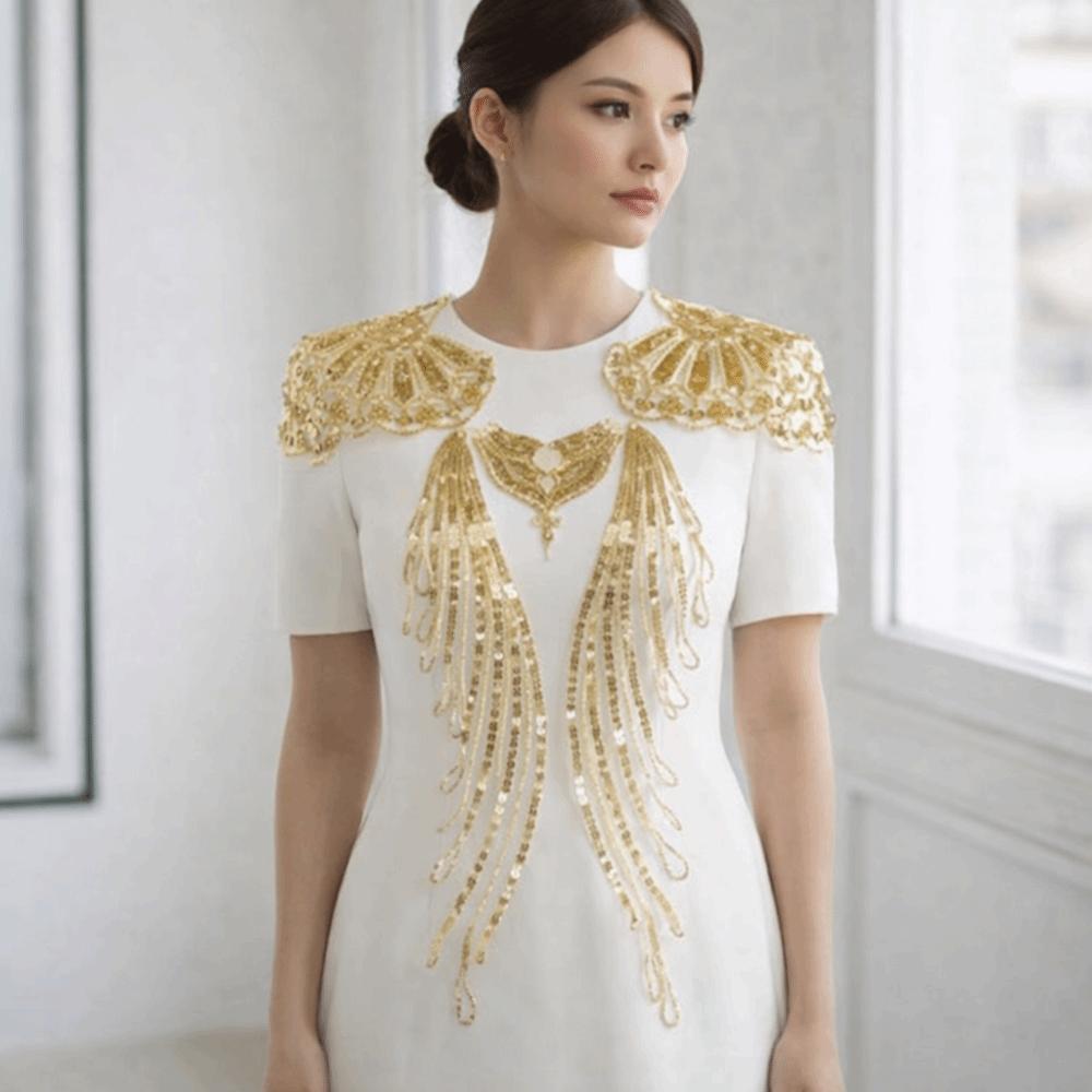 1 Set Gold Silver Sequin Lace Fabric Patch Organza Trim Embroidered Tassel Bodice Collar Applique Elegant Sequined Patch