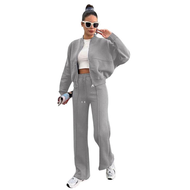 Autumn/Winter Women's Fleece-Lined Zipper Cardigan & Solid Color Straight-Leg Pants Set