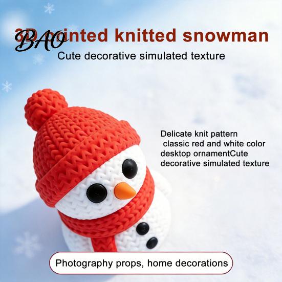 Christmas Snowman Ornament 3D Printed Knitted Figurine, Statue with Red Knit Festive Decor Hat and Scarf, Mini Sculpture for Holiday Desk Decoration