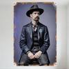 Vintage 19th/20th Century Man with Wide-Brim Hat Leather Jacket Tin Sign Retro Historical Fashion Art Metal Plaque for Man Cave