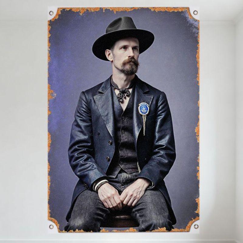 

Vintage 19th/20th Century Man with Wide-Brim Hat Leather Jacket Tin Sign Retro Historical Fashion Art Metal Plaque for Man Cave 20x30cm（7.8x11.8inch）