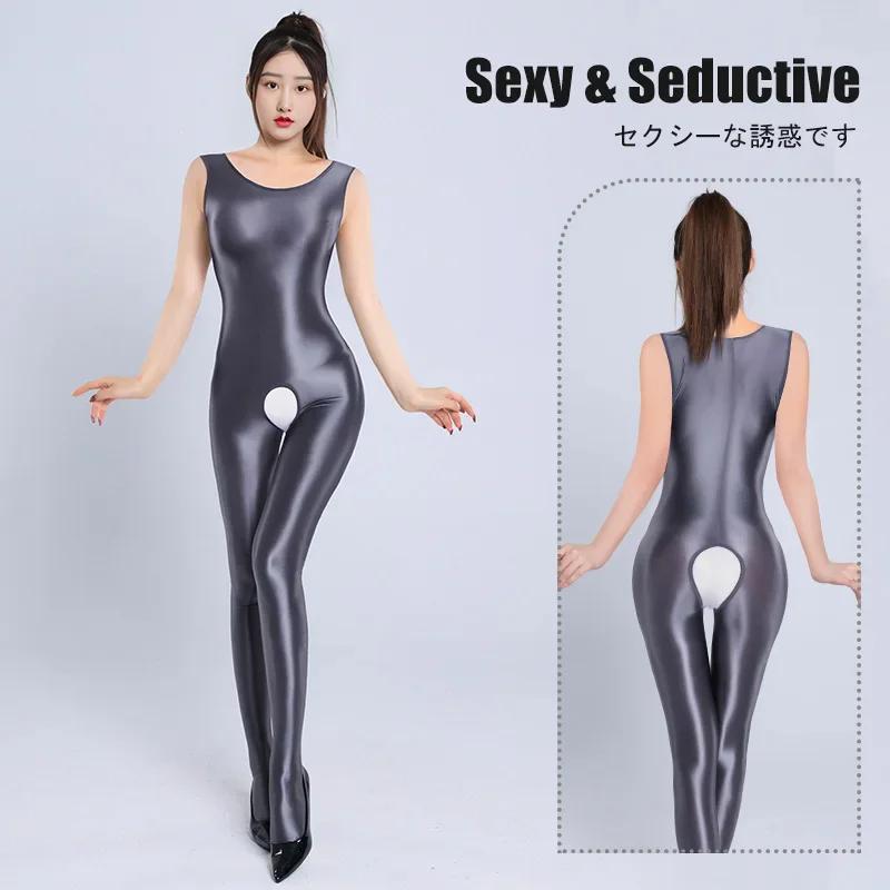 Sexy Shiny Glossy Backless Bodysuit Women'S Crotchless Sleeveless Jumpsuit Satin Smooth Tights One Piece Leotard Catsuit Ootd