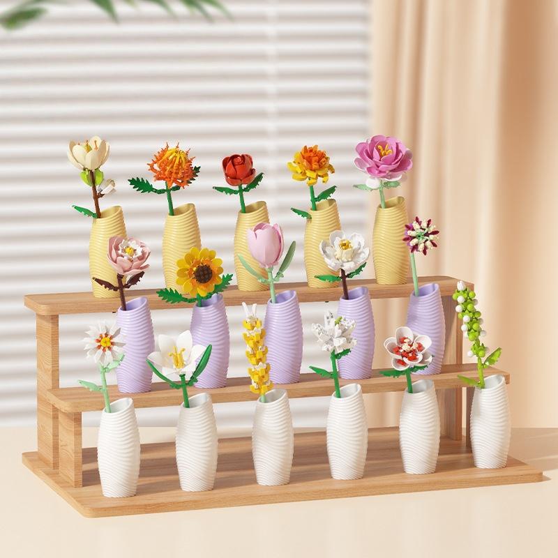 Lowers Bouquet Construction Blocks Set Lily Prickly Daisy Rose Hibiscus Flower Peony Sunflower Tulip Gardenia For Children