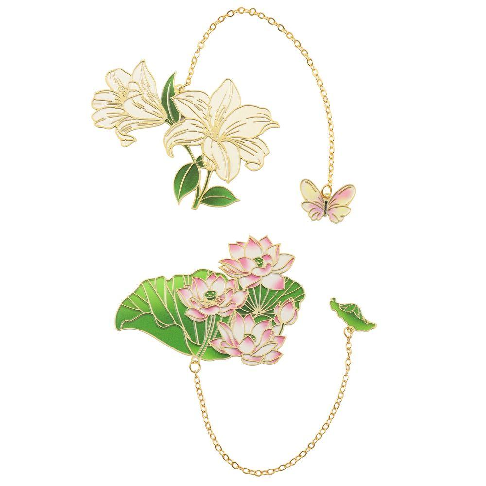 Creative Metal Lotus Flower Bookmark Painted Pendant Brass Bookmark Tassel Chinese Style Reading Markers Stationery