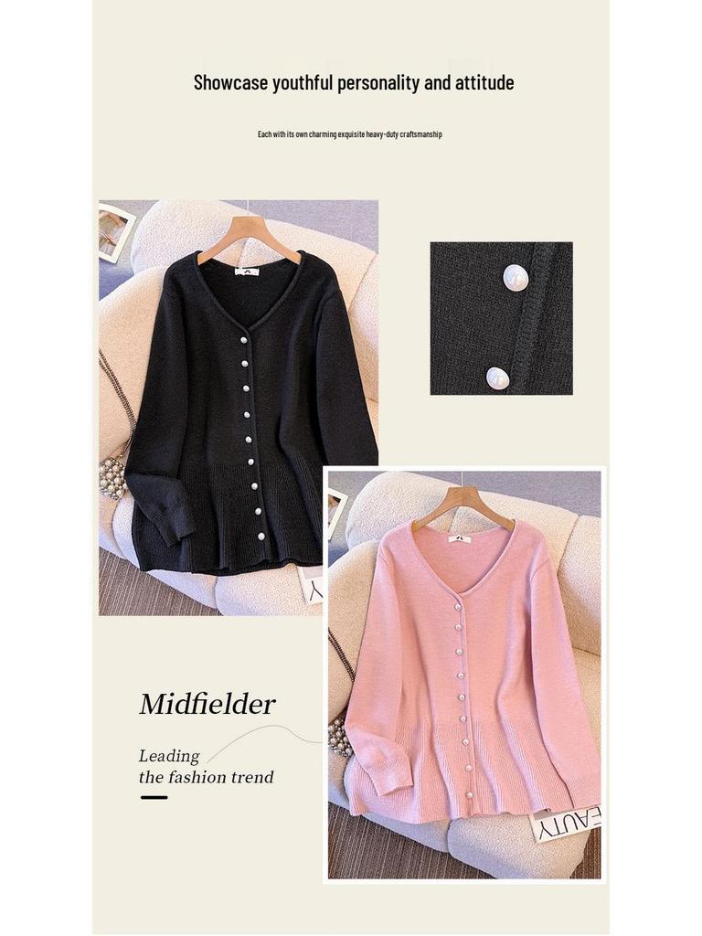 Plus Size Women's V-Neck Cardigan Sweater, Korean Style, Autumn/Winter, Slimming Knit Long Sleeve Top, Fits 130-300 Jin