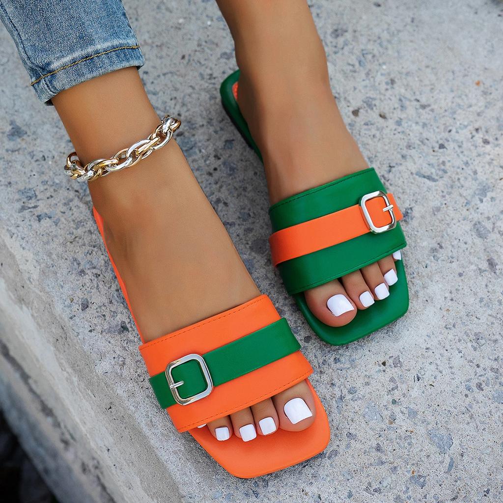 Жіночі плоскі капці літні шкіряні жіночі туфлі на плоскому підборі з квадратним носком, шльопанці, дизайнерські жіночі шльопанці, жіноче взуття, розкішні сандалі